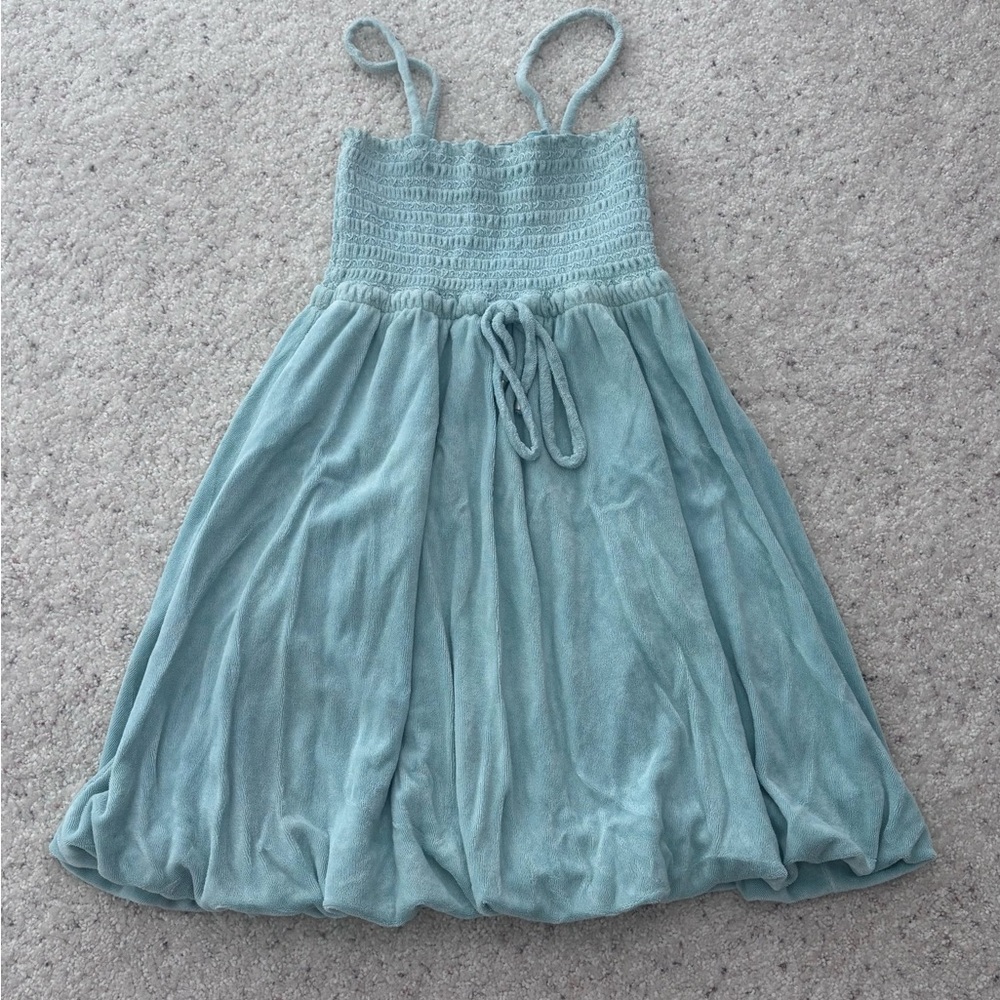 Juicy Couture Blue Green Terry Cloth Smocked mini Dress Bubble Hem Sz small